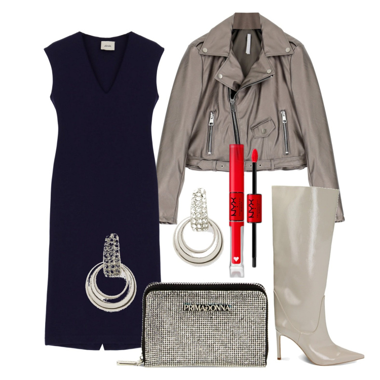 Outfit donna - Ghost outfitter - ottobre. Stile Glamour per Serata fuori. Abbinamento con rossetti, cappotti, stivali sopra il ginocchio, portafogli, vestiti midi/longuette, orecchini.