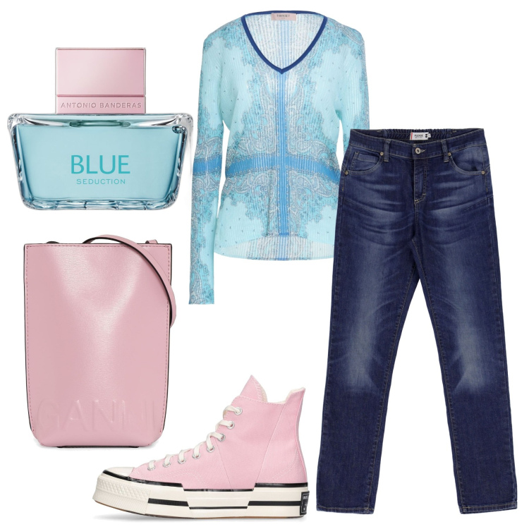 Outfit donna - Total look #1749419. Stile Casual per Tutti i giorni. Abbinamento con pullovers, profumi, jeans dritti, sneakers, borse a spalla.