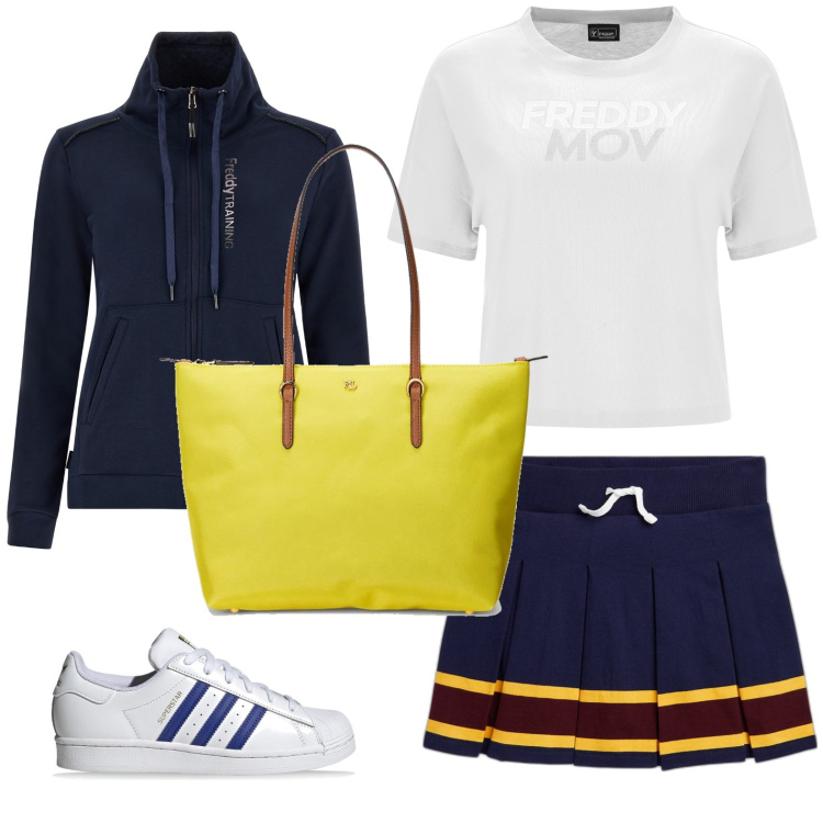 Outfit donna - Total look #1749437. Stile Sporty chic per Tutti i giorni. Abbinamento con borse tote, felpe, t-shirt, sneakers, minigonne.