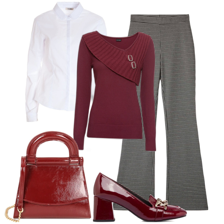 Outfit donna - Mocassini con tacco in vernice. Stile Bon Ton per Ufficio. Abbinamento con maglieria, pantaloni, camicie, borse a mano, décolleté.
