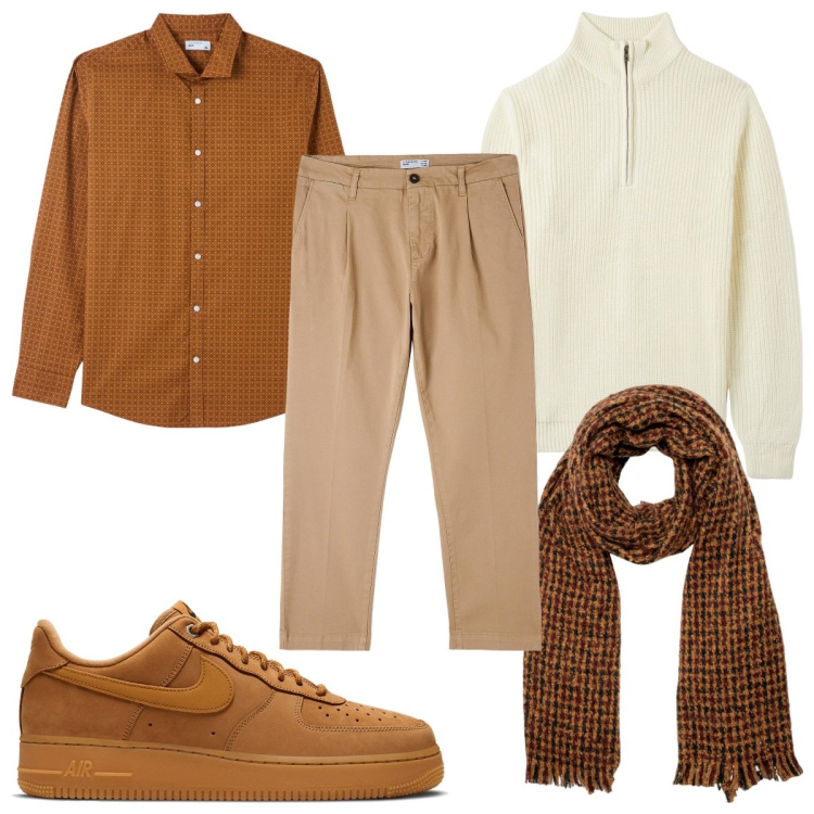 Outfit uomo - Total look #1749474. Stile Trendy per Tutti i giorni. Abbinamento con maglieria, pantaloni chino, camicie, sneakers, sciarpe.