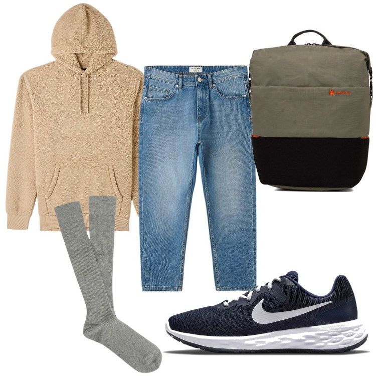 Outfit uomo - Total look #1749484. Stile Casual per Sport. Abbinamento con felpe con cappuccio, jeans, borse sportive, scarpe sportive, calzini.