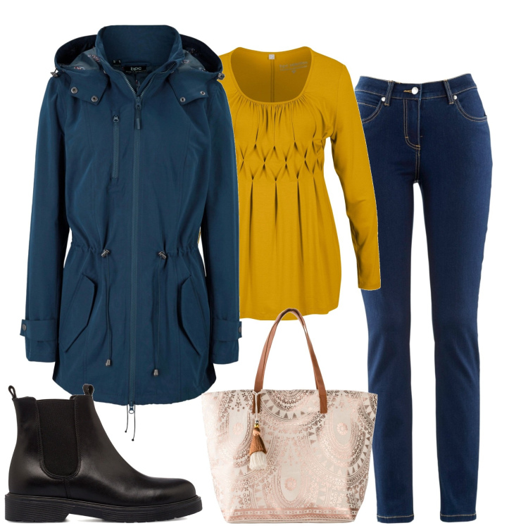 Outfit donna - Il parka blu. Stile Basic per Tutti i giorni. Abbinamento con jeans dritti, maglieria, parka, shopping bag, stivaletti.
