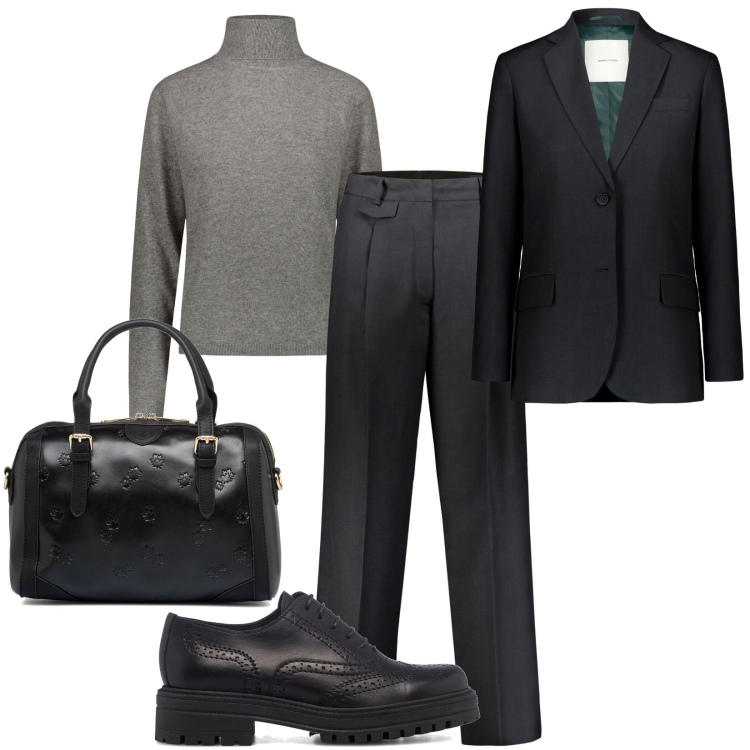 Outfit donna - curvy mannish (ma non troppo!). Stile Mannish per Ufficio. Abbinamento con scarpe stringate, borse a mano, pantaloni, blazer, maglieria.