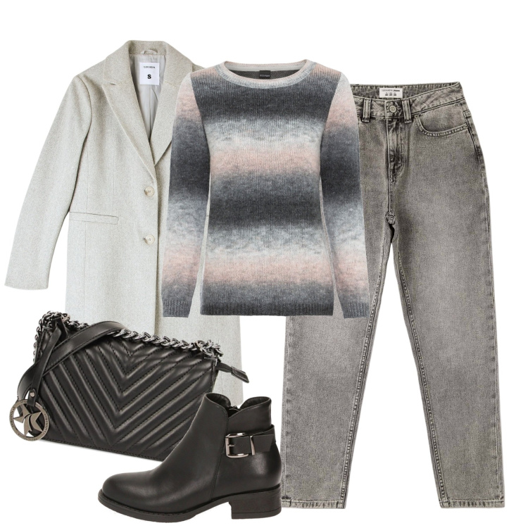 Outfit donna - City. Stile Basic per Tutti i giorni. Abbinamento con maglieria, cappotti, jeans mom, borse a tracolla, stivaletti.