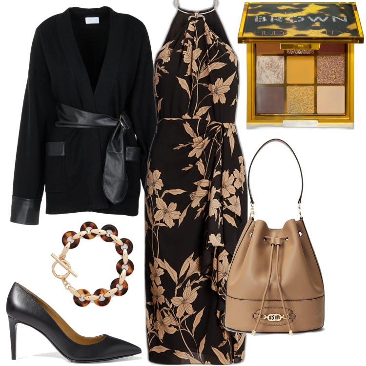 Outfit donna - il tubino con scollo all\'americana. Stile Chic per Tutti i giorni. Abbinamento con ombretti, vestiti, décolleté, borse a secchiello, braccialetti, cardigans.