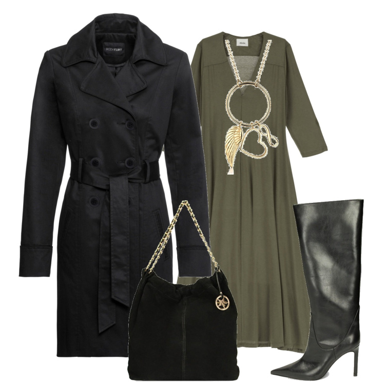 Outfit donna - In città. Stile Casual chic per Tutti i giorni. Abbinamento con trench, borse a spalla, stivali sopra il ginocchio, vestiti lunghi, collane.