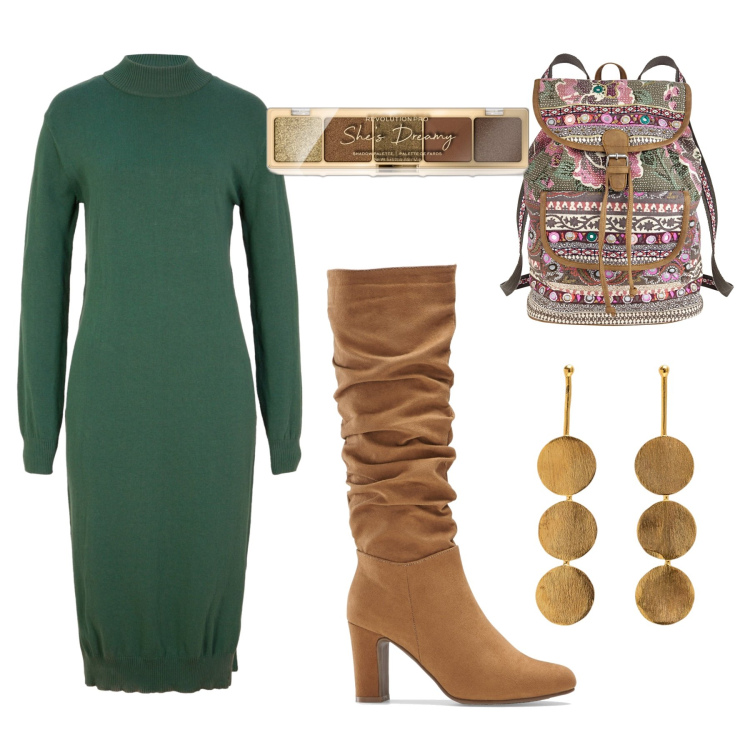 Outfit donna - Total look #1749527. Stile Etnico per Tutti i giorni. Abbinamento con vestiti midi/longuette, stivali, zaini, ombretti, orecchini.