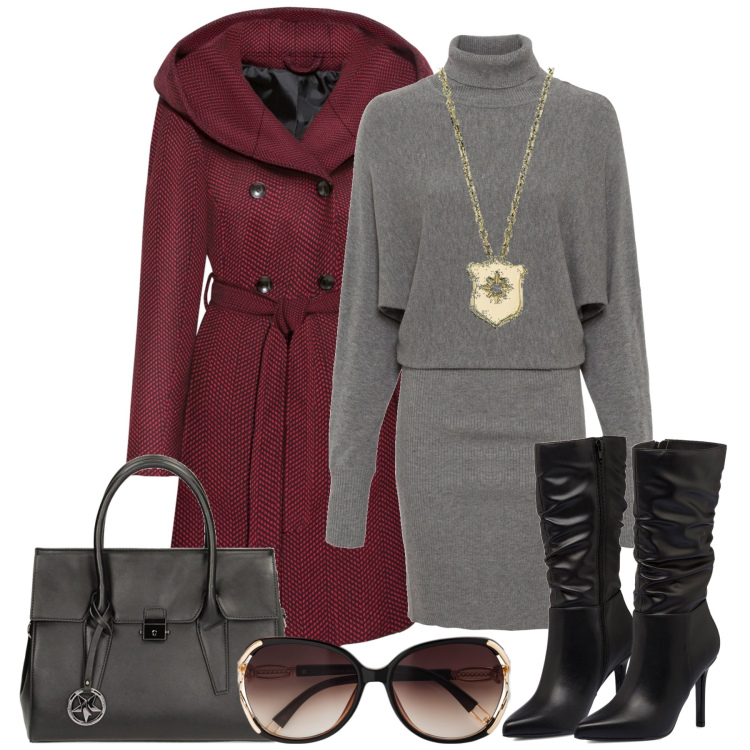 Outfit donna - In città. Stile Casual chic per Tutti i giorni. Abbinamento con vestiti, cappotti, occhiali da sole, borse a mano, stivali sopra il ginocchio, collane.