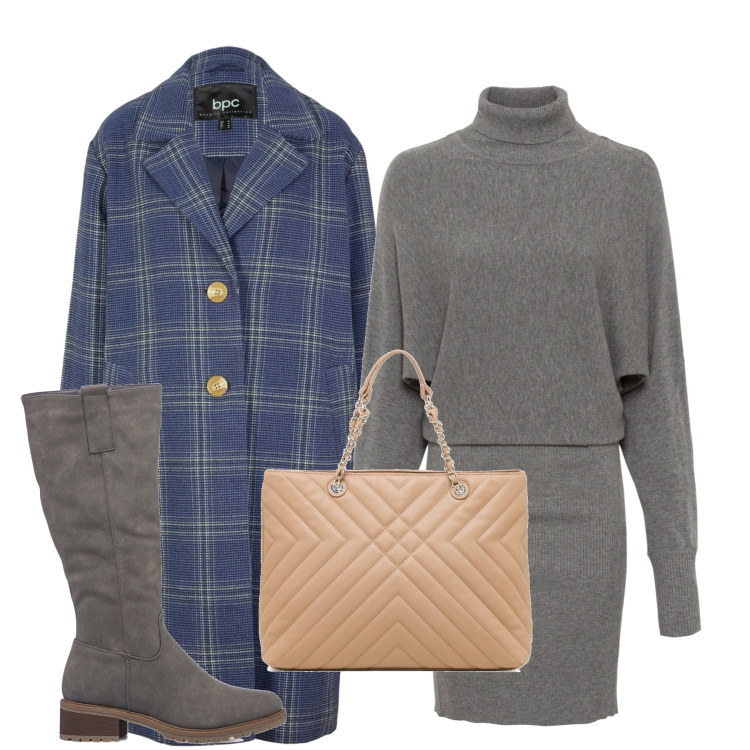 Outfit donna - I quadri sul grigio. Stile Bon Ton per Ufficio. Abbinamento con vestiti, cappotti, stivali sopra il ginocchio, borse a spalla.