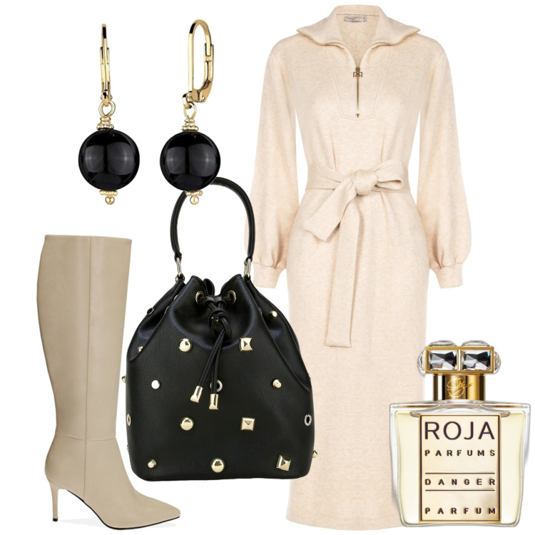 Outfit donna - Cena da amici. Stile Bon Ton per Tutti i giorni. Abbinamento con profumi, vestiti, stivali, borse a secchiello, orecchini.