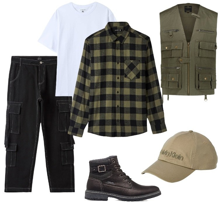 Outfit uomo - Free time - ottobre. Stile Trendy per Tutti i giorni. Abbinamento con anfibi, gilet, cappelli, pantaloni cargo, camicie, t-shirt.