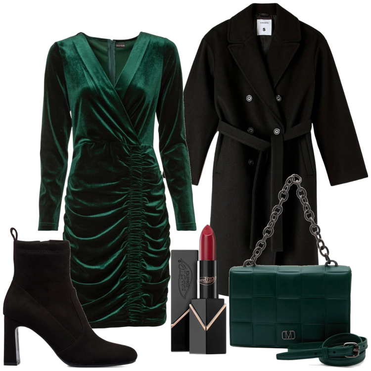 Outfit donna - Il tubino in velluto verde. Stile Trendy per Serata fuori. Abbinamento con vestiti, rossetti, cappotti, stivaletti, borse a mano.