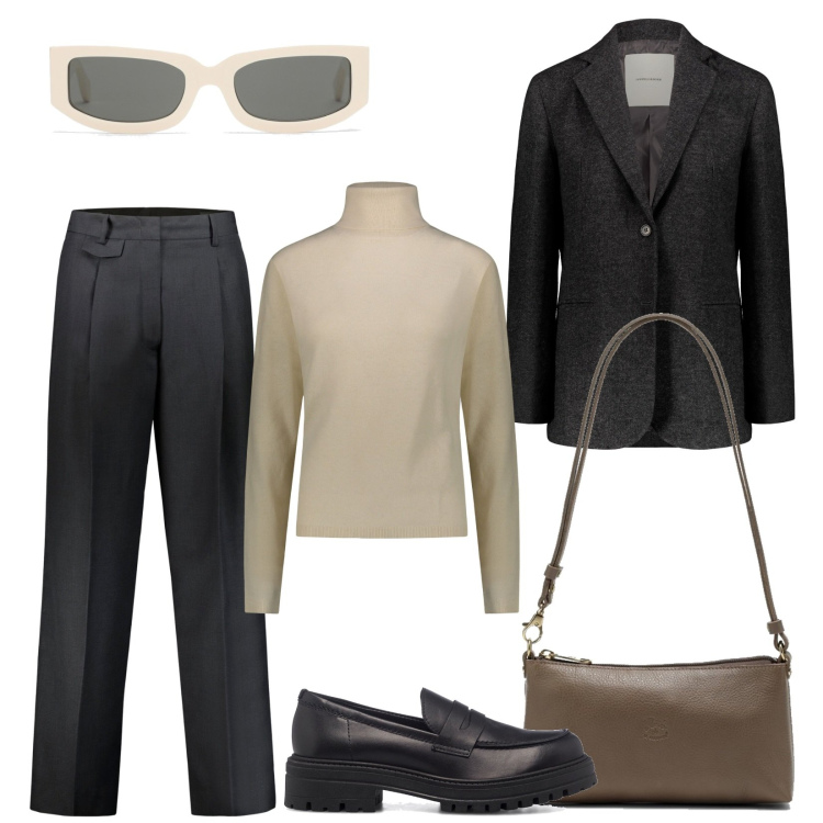 Outfit donna - Stile mannish per l\'ufficio. Stile Mannish per Ufficio. Abbinamento con mocassini, pantaloni, pullovers, blazer, borse a spalla, occhiali da sole.