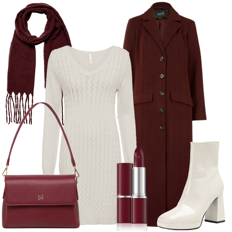 Outfit donna - Vestitino in maglia. Stile Basic per Tutti i giorni. Abbinamento con vestiti, cappotti, rossetti, stivaletti, borse a tracolla, sciarpe.