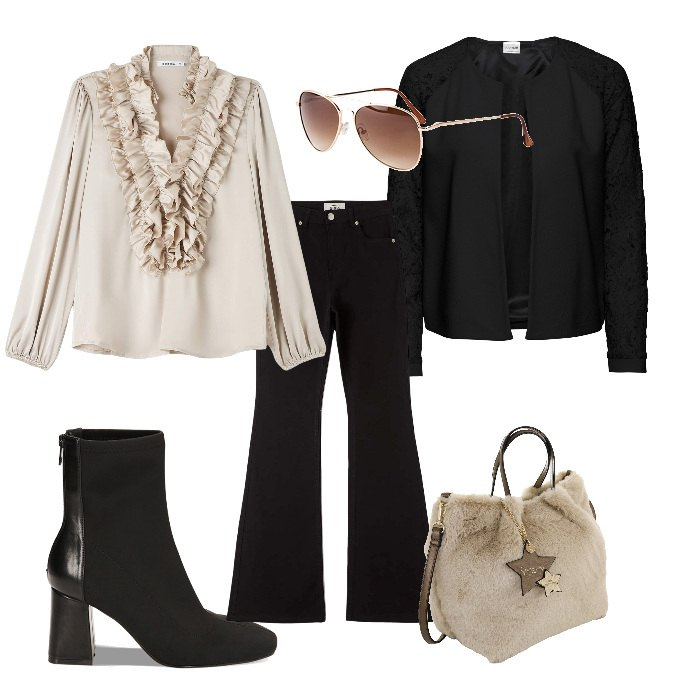 Outfit donna - Mix and match. Stile Casual per Tutti i giorni. Abbinamento con blazer, occhiali da sole, camicie, pantaloni, stivaletti, borse a mano.