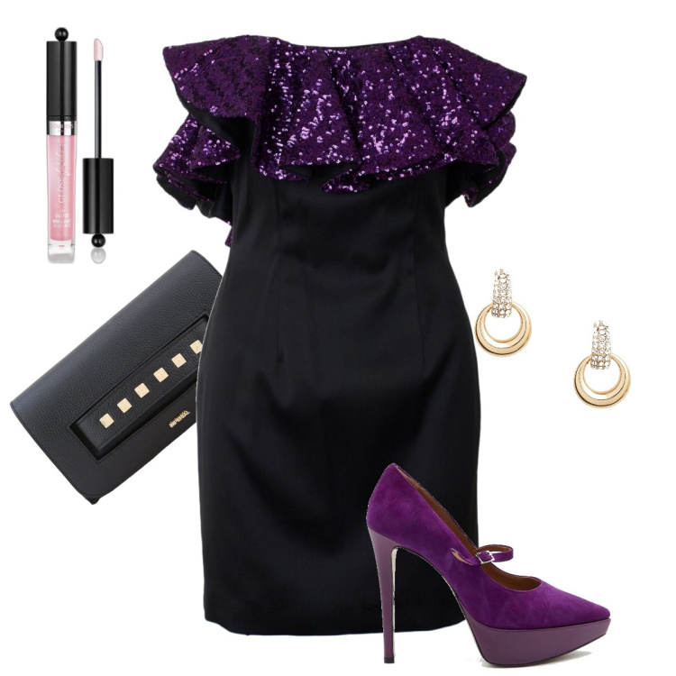 Outfit donna - Il tubino con le paillettes. Stile Bon Ton per Serata fuori. Abbinamento con gloss, pochette, orecchini, vestiti a tubino, décolleté.