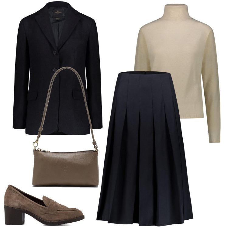 Outfit donna - Mannish con la gonna. Stile Mannish per Serata fuori. Abbinamento con mocassini, pullovers, gonne longuette, blazer, borse a spalla.