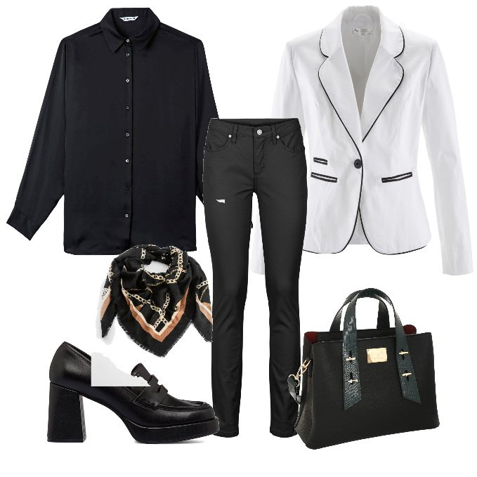 Outfit donna - La giacca bianca. Stile Casual per Ufficio. Abbinamento con jeans skinny, blazer, foulard, camicie, mocassini, borse a mano.