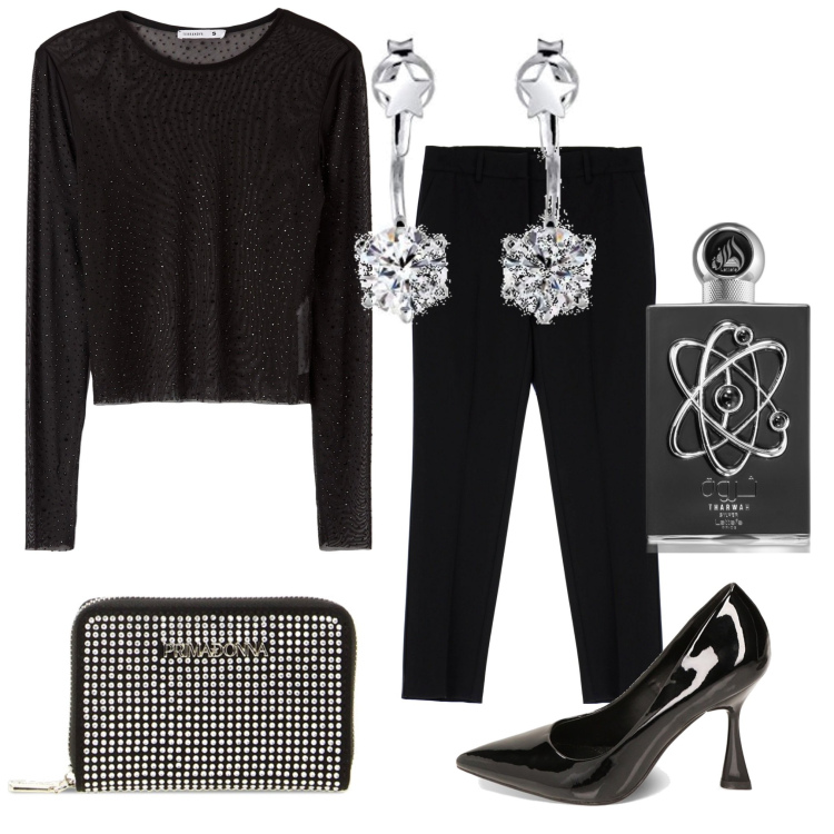 Outfit donna - Scintille. Stile Glamour per Serata fuori. Abbinamento con profumi, t-shirt, pantaloni, décolleté, portafogli, orecchini.