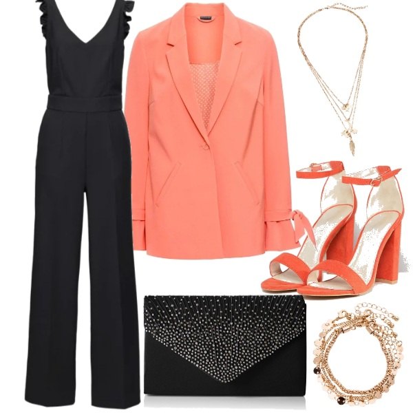 Outfit donna - Blazer oversize. Stile Trendy per Serata fuori. Abbinamento con tuta, blazer oversize, cavigliere, collana pendenti oro, shopping bag a bottone taglia unica nero, sandali con stampa e tacco largo con cinturino open toe nudo.