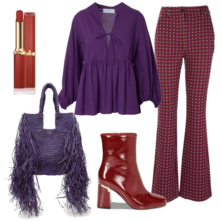 Outfit donna - Borsa viola. Stile Boho per Tutti i giorni. Abbinamento con rossetti, stivaletti, bluse, pantaloni, borse a spalla.