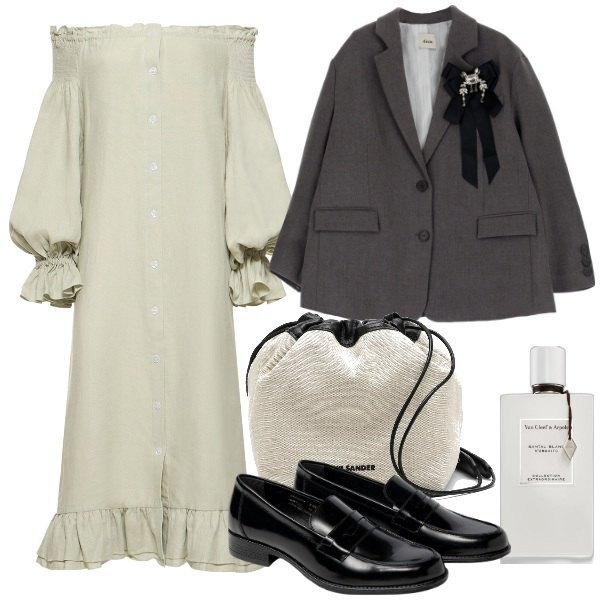 Outfit donna - Total look #1749715. Stile Bon Ton per Ufficio. Abbinamento con profumi, cappotti, mocassini, vestiti midi/longuette, borse a secchiello.