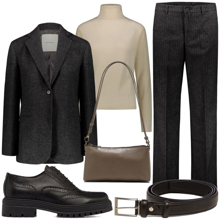Outfit donna - Mannish. Stile Mannish per Ufficio. Abbinamento con scarpe stringate, cinture, pullovers, pantaloni, blazer, borse a spalla.
