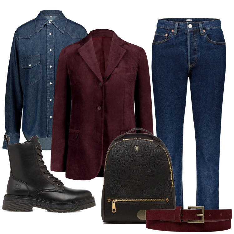 Outfit donna - Ottobre mannish style. Stile Mannish per Tutti i giorni. Abbinamento con anfibi, zaini, cinture, blazer, jeans, camicie.
