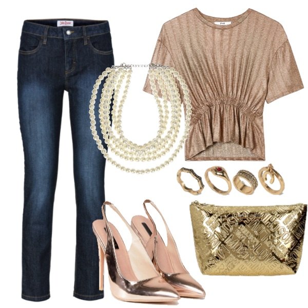 Outfit donna - Trendy #22488. Stile Trendy per Serata fuori. Abbinamento con jeans slim fit, collier con perle beige, pochette oro, t-shirt a coste con scollo oro, décolleté con cinturino pianta larga in oro rosa, cintura oro.
