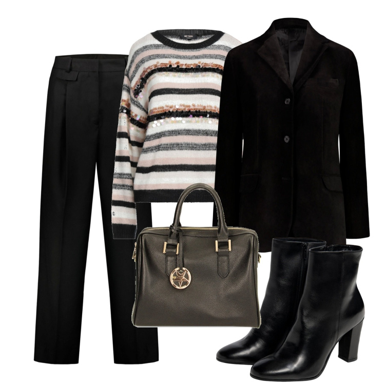 Outfit donna - Ufficio. Stile Casual chic per Ufficio. Abbinamento con pullovers, borse a mano, pantaloni, blazer, stivaletti.