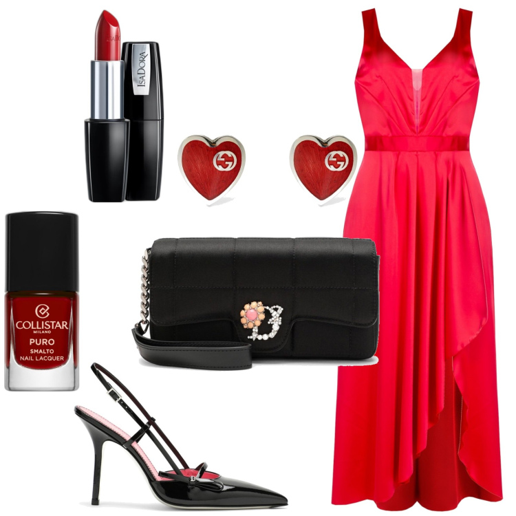 Outfit donna - Abito rosso. Stile Chic per Cerimonia. Abbinamento con smalti, rossetti, vestiti asimmetrici, orecchini, clutch, scarpe col tacco.