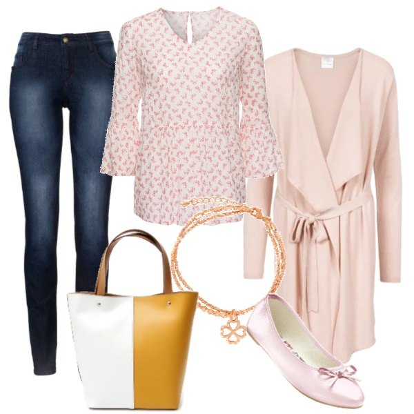 Outfit donna - Basic #15890. Stile Basic per Tutti i giorni. Abbinamento con jeans skinny, tunica, jeans, ballerine con fiocco in pelle sintetica, borsa a tracolla fantasia con coulisse interno in tessuto, bracciale.