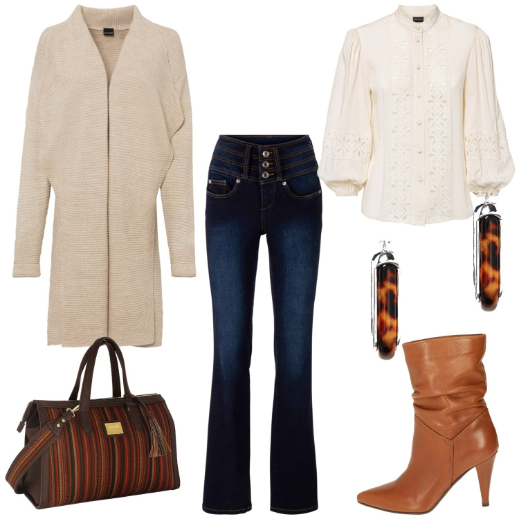 Outfit donna - Una collezione da favola. Stile Casual chic per Tutti i giorni. Abbinamento con camicie, jeans bootcut, cardigans, stivaletti, orecchini, borse a mano.