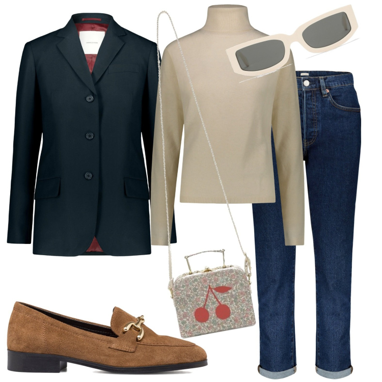Outfit donna - Stile mannish. Stile Mannish per Tutti i giorni. Abbinamento con mocassini, pullovers, borse a tracolla, jeans, blazer, occhiali da sole.
