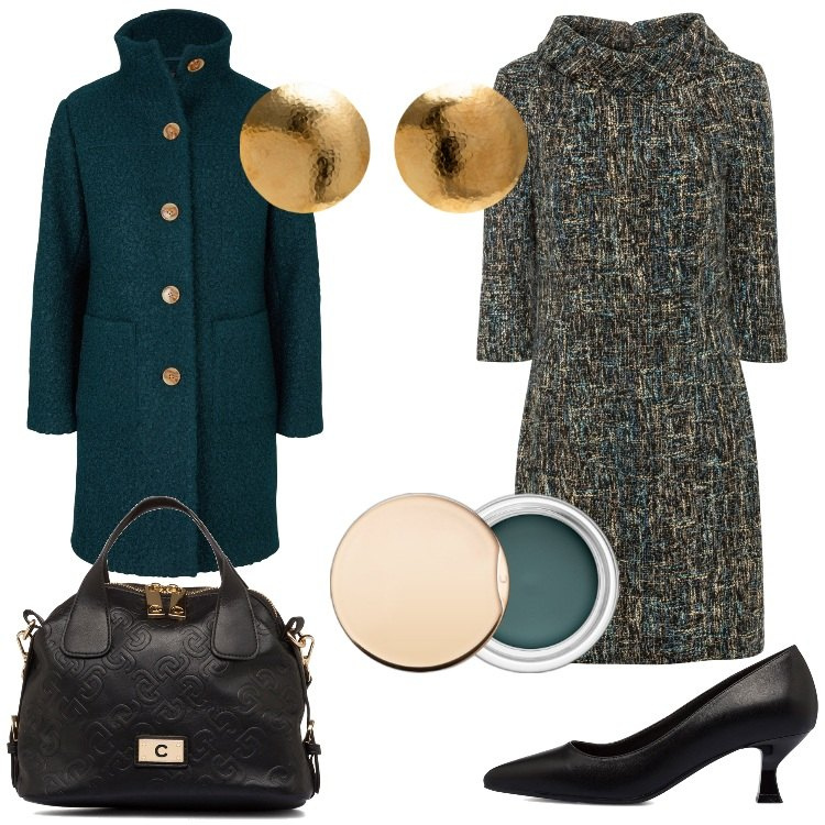 Outfit donna - Il tubino che piace a me. Stile Bon Ton per Tutti i giorni. Abbinamento con cappotti, vestiti a tubino, ombretti, décolleté, borse a spalla, orecchini.