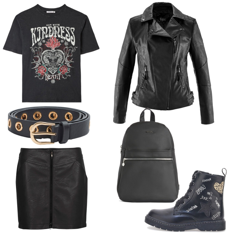 Outfit donna - Al concerto rock. Stile Rock per Tutti i giorni. Abbinamento con blazer, minigonne, t-shirt, cinture, zaini, anfibi.
