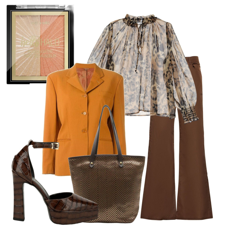 Outfit donna - Solarità. Stile Chic per Tutti i giorni. Abbinamento con blush, blazer, borse a spalla, camicie, décolleté, pantaloni.