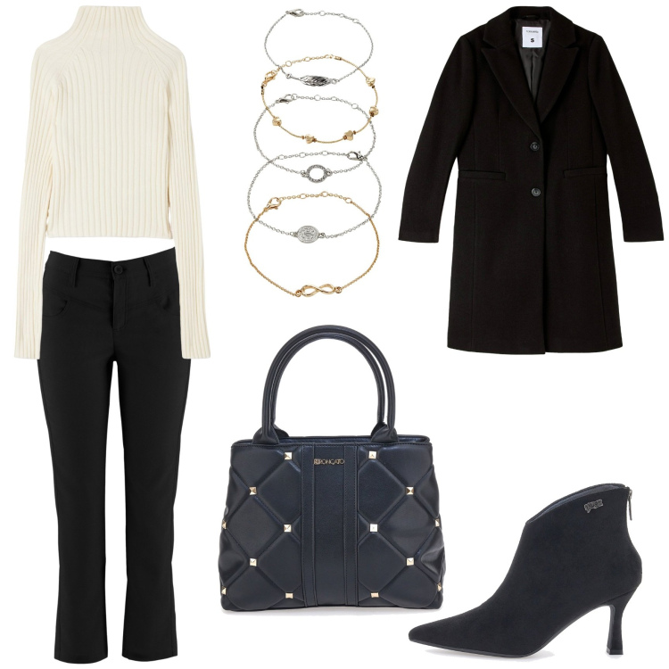 Outfit donna - Ufficio basic. Stile Basic per Ufficio. Abbinamento con pantaloni, braccialetti con ciondoli, maglieria, cappotti, stivaletti, borse a mano.