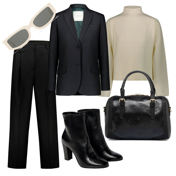 Outfit donna - Tailleur pantalone nero. Stile Mannish per Ufficio. Abbinamento con borse a mano, maglieria, pantaloni, blazer, stivaletti, occhiali da sole.