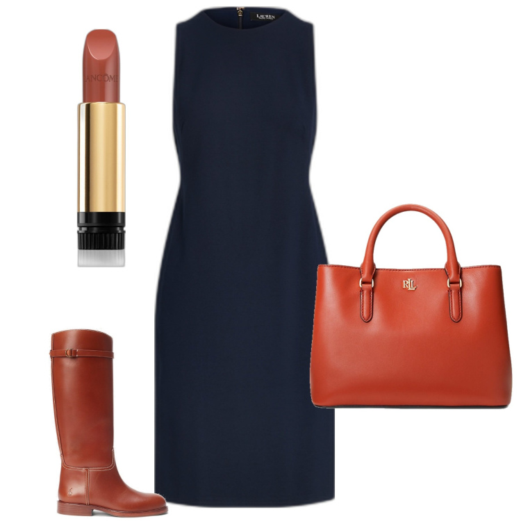 Outfit donna - Tubino tra i colori d\'autunno. Stile Chic per Tutti i giorni. Abbinamento con rossetti, vestiti a tubino, borse a mano, stivali.