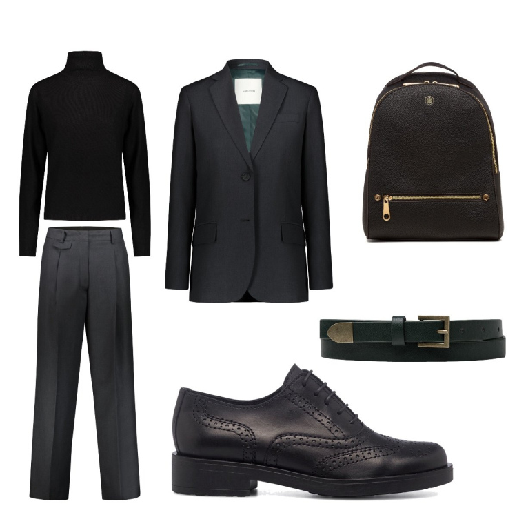 Outfit donna - La boss in ufficio. Stile Mannish per Ufficio. Abbinamento con scarpe stringate, zaini, pantaloni, blazer, maglieria, cinture.