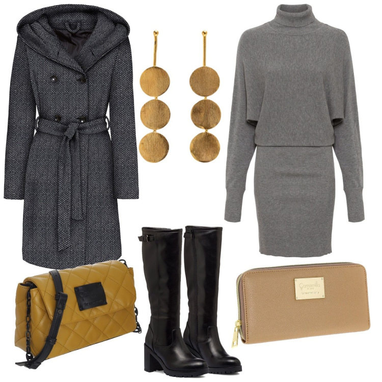 Outfit donna - Sole d’inverno. Stile Casual per Serata fuori. Abbinamento con vestiti, cappotti, orecchini, stivali sopra il ginocchio, borse a tracolla, portafogli.