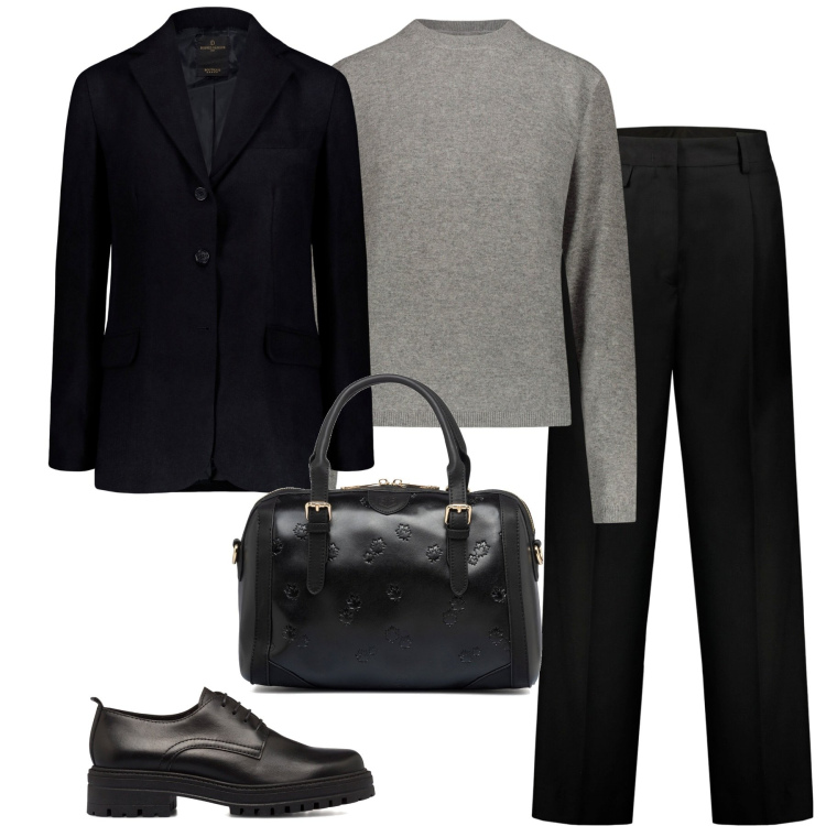 Outfit donna - Mannish. Stile Mannish per Ufficio. Abbinamento con scarpe stringate, borse a mano, pantaloni, maglieria, blazer.