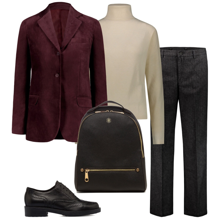 Outfit donna - Mannish. Stile Mannish per Ufficio. Abbinamento con zaini, scarpe stringate, pullovers, pantaloni, blazer.