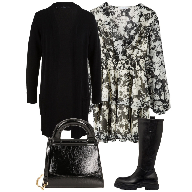 Outfit donna - Vestito e cardigan. Stile Romantica per Serata fuori. Abbinamento con cardigans, vestiti corti, borse a mano, stivali.