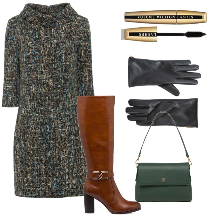 Outfit donna - Un po’ retrò. Stile Chic per Tutti i giorni. Abbinamento con vestiti a tubino, mascara, guanti, stivali sopra il ginocchio, borse a tracolla.