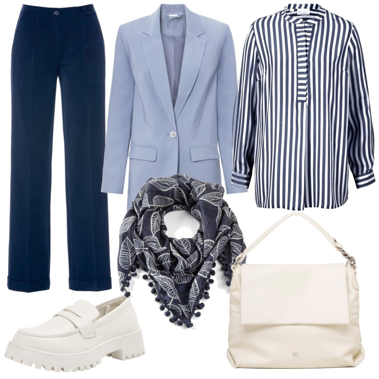 Outfit donna - Blue&white. Stile Casual per Tutti i giorni. Abbinamento con pantaloni, tuniche, blazer, foulard, mocassini, borse a spalla.