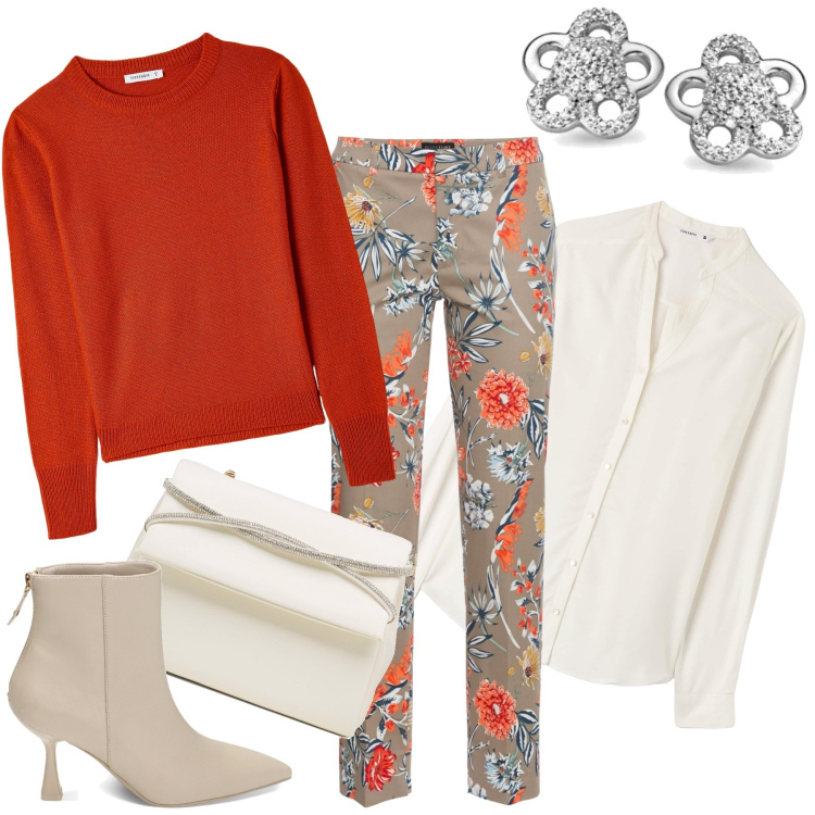 Outfit donna - Dopo l\'ufficio. Stile Casual chic per Serata fuori. Abbinamento con pantaloni, maglieria, camicie, stivaletti, clutch, orecchini.