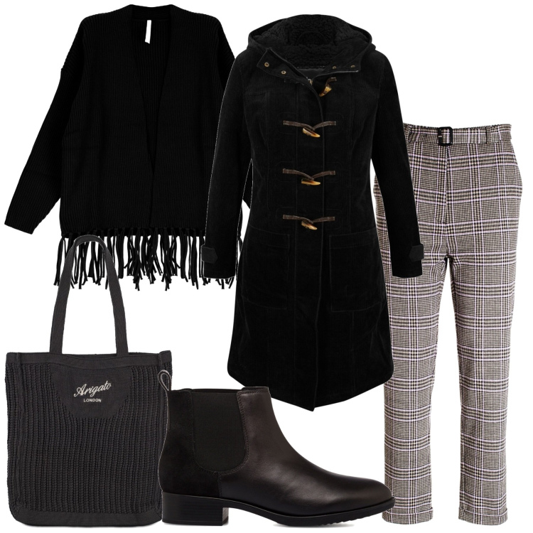 Outfit donna - Urban in autunno. Stile Urban per Ufficio. Abbinamento con montgomery, pantaloni, cardigans, stivaletti, shopping bag.
